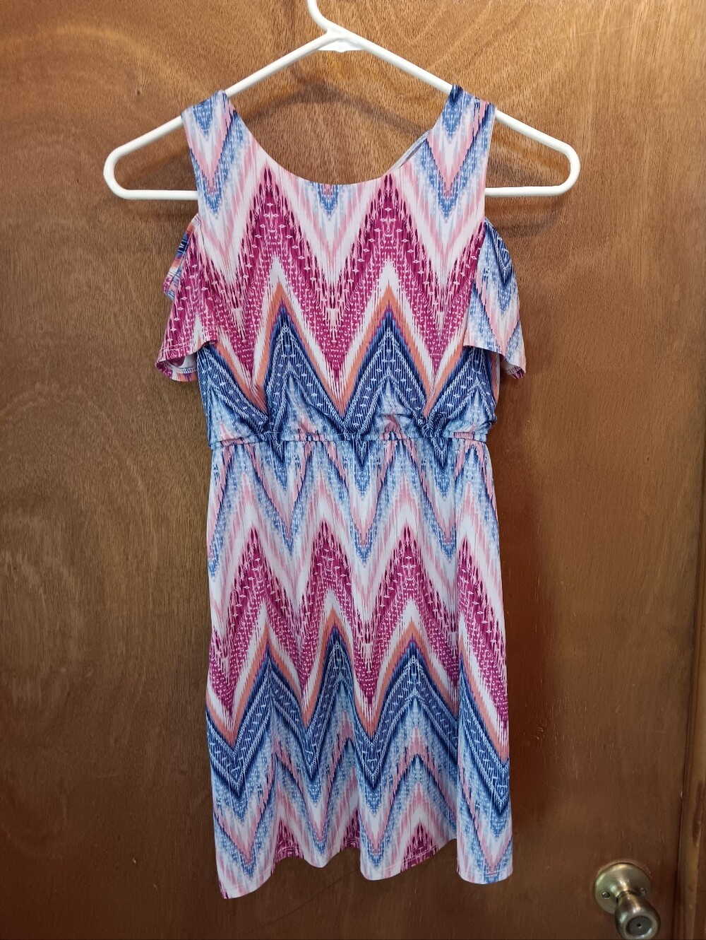 Three Hearts Pink & Blue Chevron Cold-Shoulder Dress